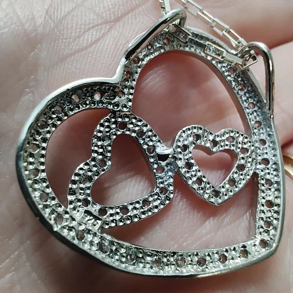 Vintage Sterling Silver Large Triple Heart Pave CZ Pendant with 30" Chain - Picture 5 of 12